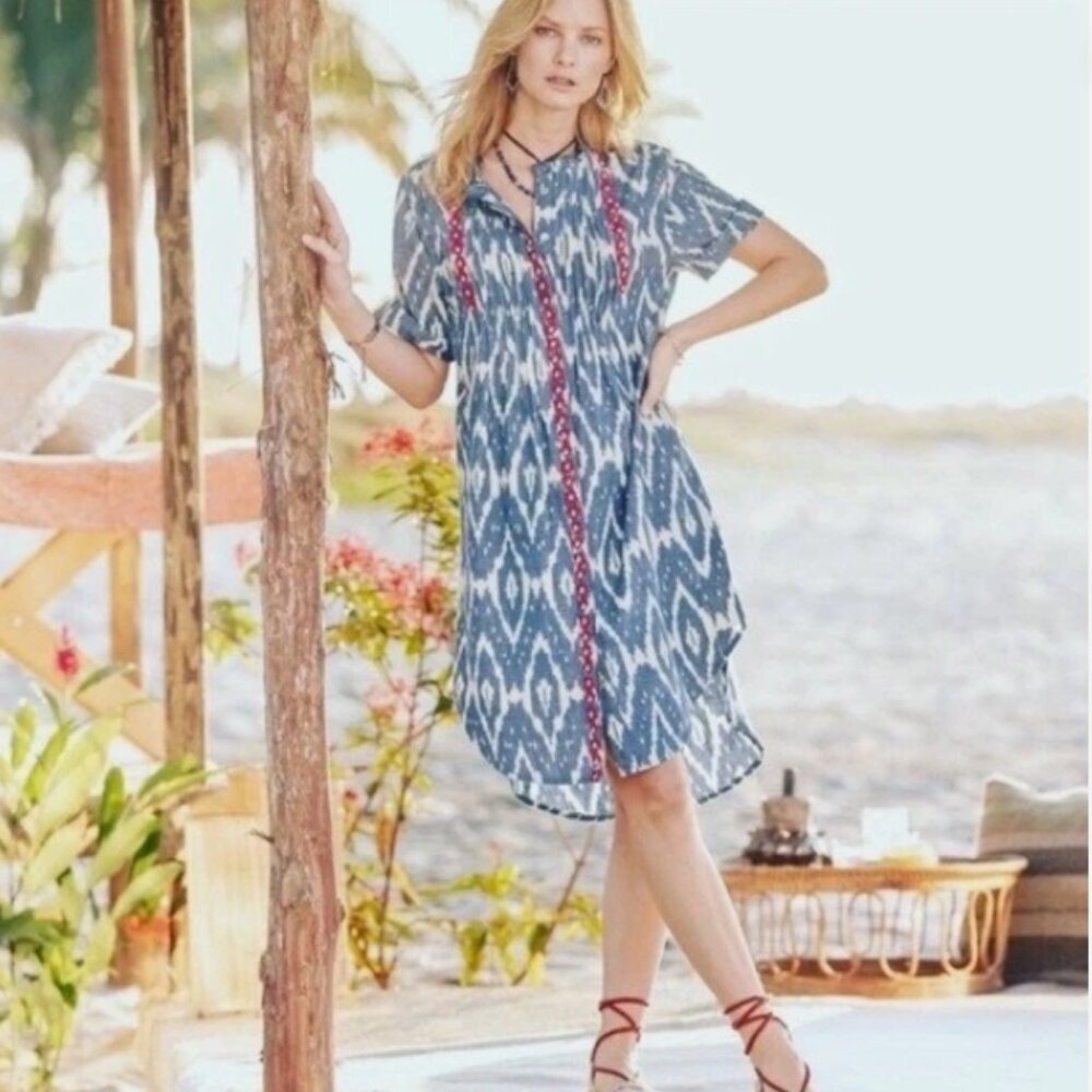 Sundance Isabel Ikat Shirt Dress Size Medium Southwestern Boho Native Embroidery